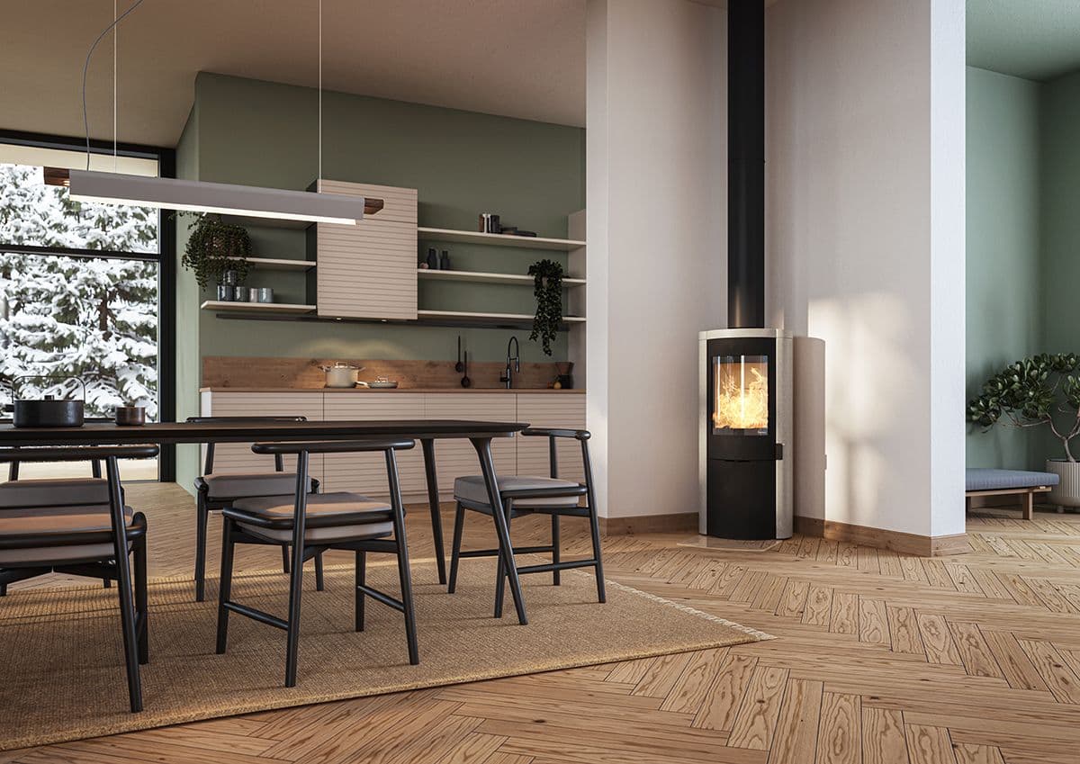 spisemøbler, kjøkken og vedovn