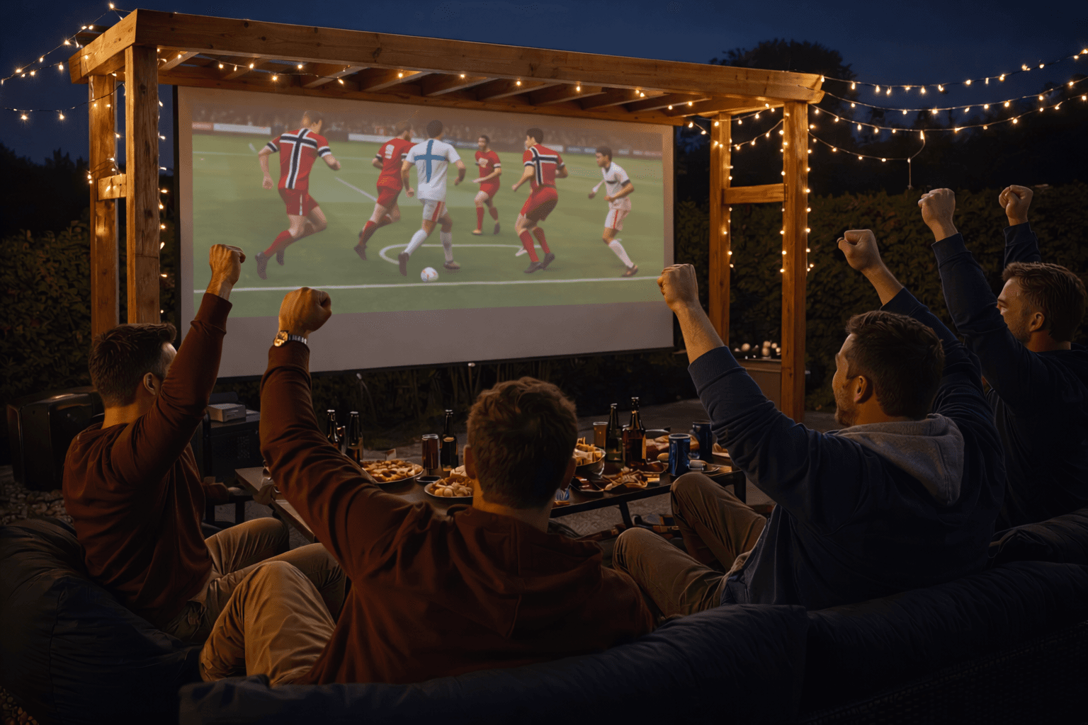 Samle venner og familie til sport og film med utekino i hagen. Illustrasjonsfoto generert av AI. Inneholder avvik fra oppskrift.
