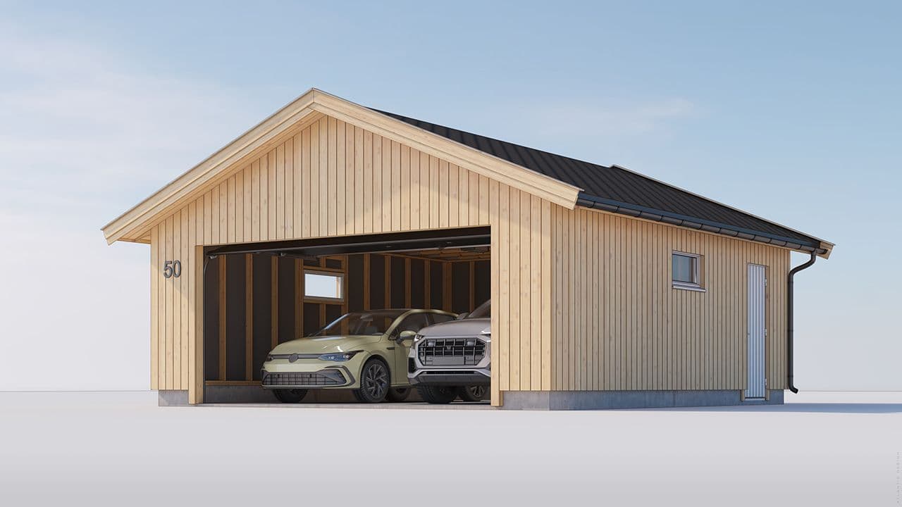 Dobbelgarasje med stående kledning.