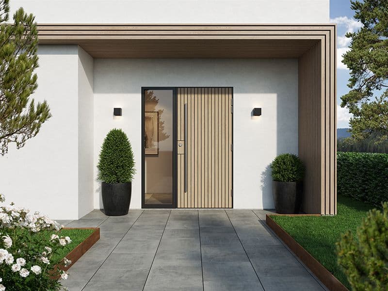 Gilje ytterdør i eik med eikespiler