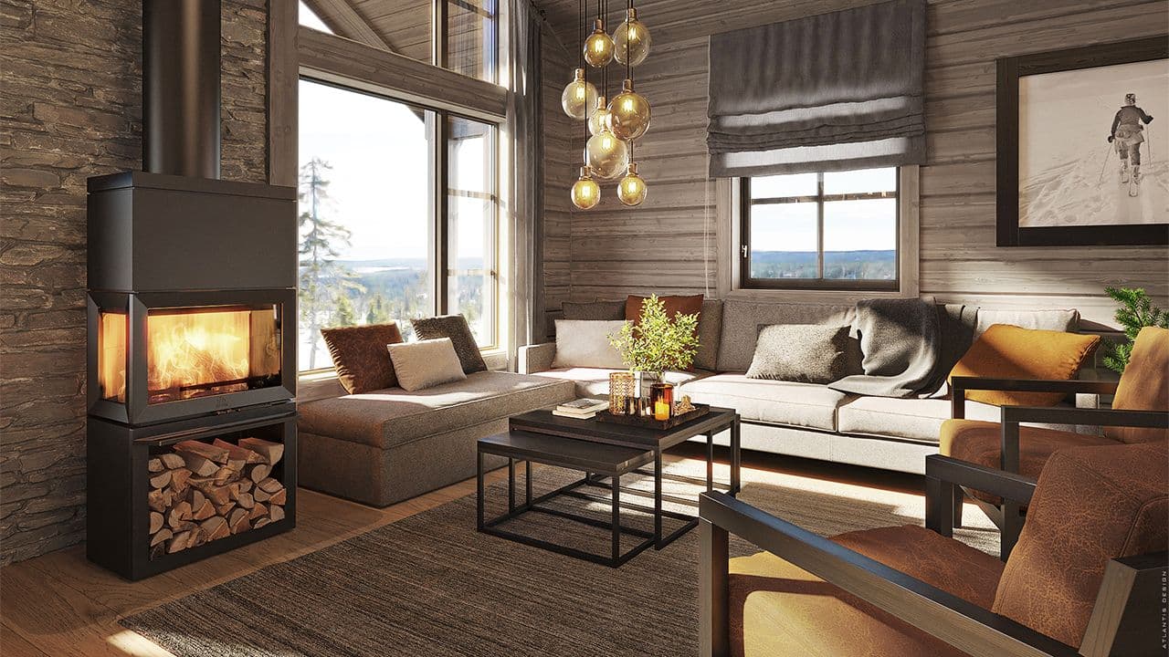 Varmelagrende peis i hytte.