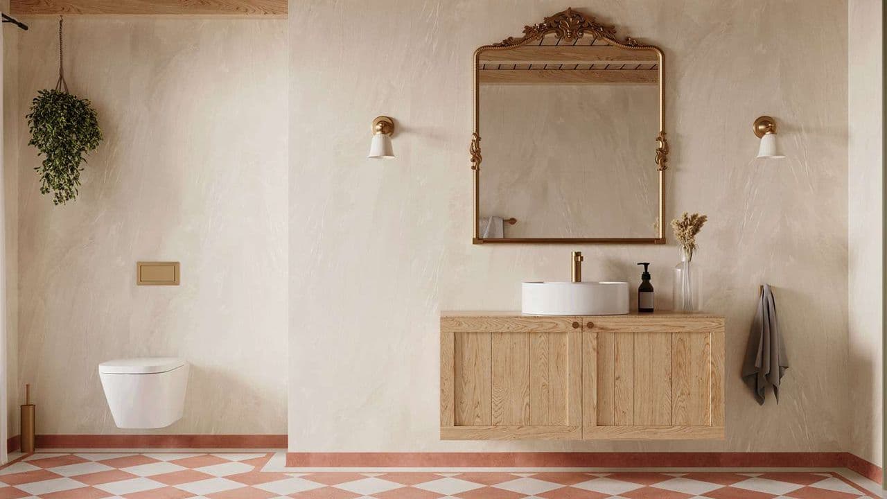 Bad med Fibo veggplater i Beige Stone og rutete gulv.