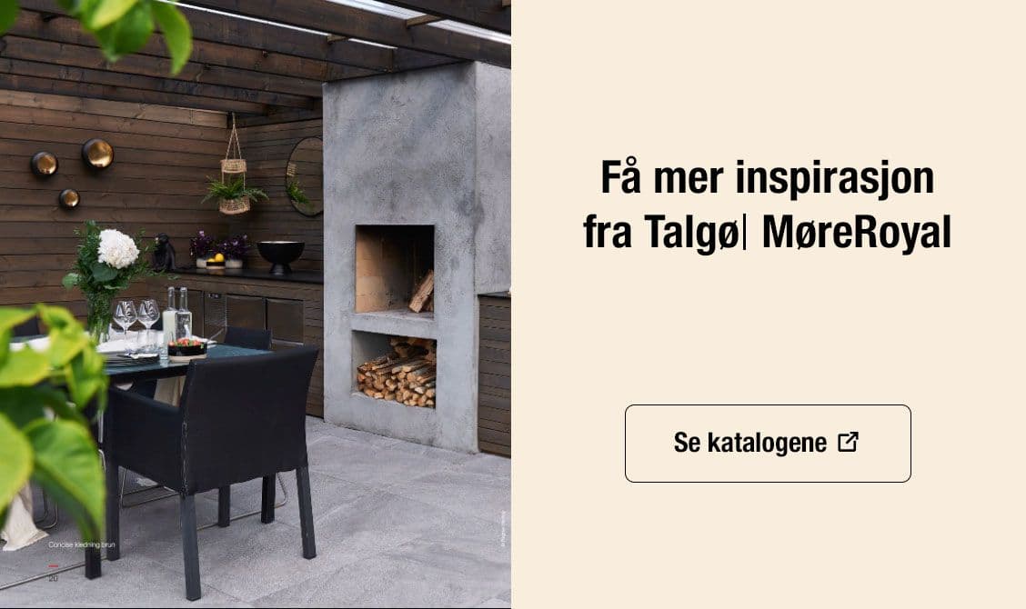 Todelt bilde med utekjøkken på den ene siden og tekst på den andre.