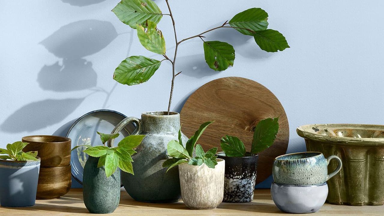 Vaser, potter og kopper foran lyseblå vegg.